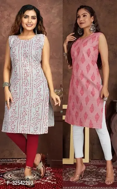 Elegant Cotton Blend Printed Kurta For Women- Pack Of 2-thumb0