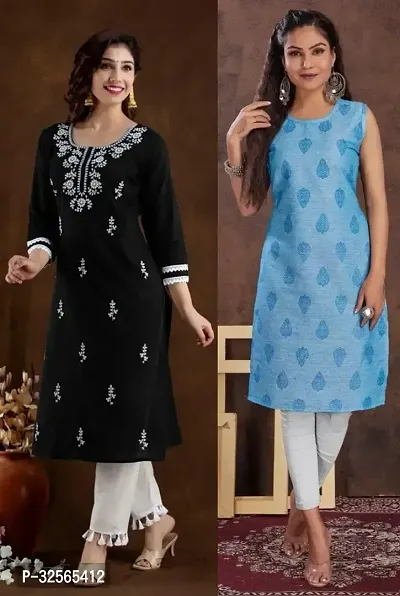 Stylish Multicoloured Cotton Blend Embroidered Kurta For Women Pack Of 2-thumb0