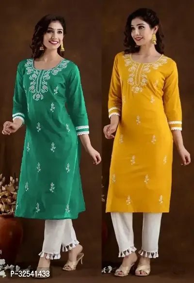 Elegant Cotton Blend Embroidered Kurta For Women- Pack Of 2-thumb0