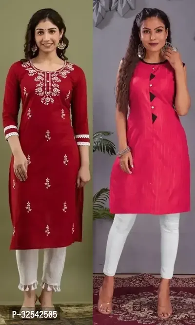 Elegant Cotton Blend Embroidered Kurta For Women- Pack Of 2-thumb0