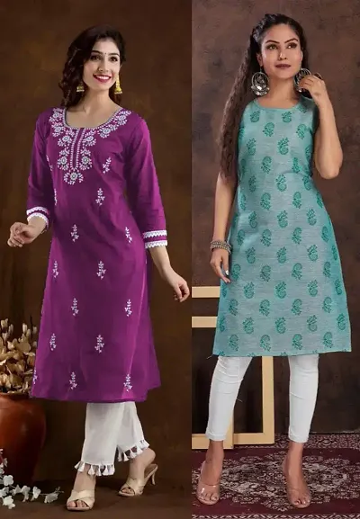 Stylish Cotton Blend Embroidered Straight Kurtis - Pack Of 2