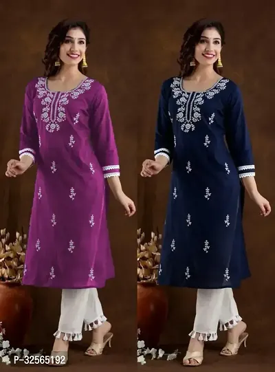 Stylish Multicoloured Cotton Blend Embroidered Kurta For Women Pack Of 2