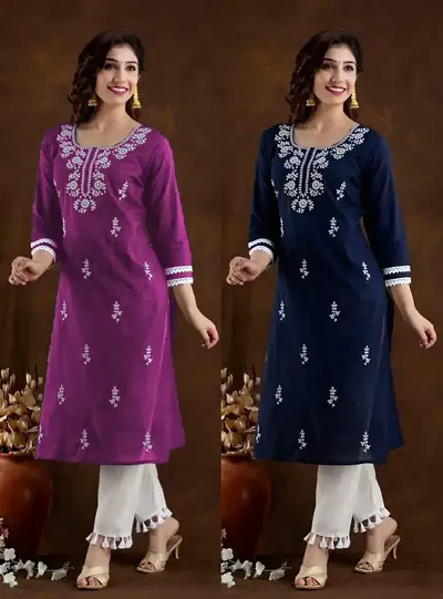 Stylish Cotton Blend Embroidered Straight Kurtis - Pack Of 2