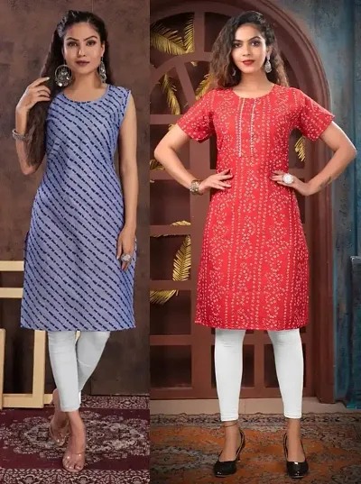 Stylish Crepe Printed Straight Kurtis - Pack Of 2