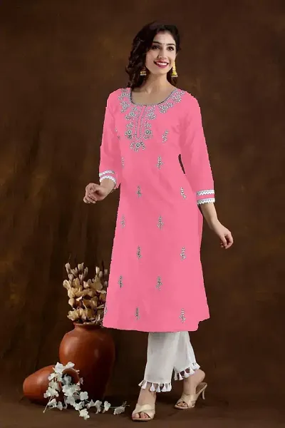 Stylish Cotton Blend Straight Embroidered Kurtis