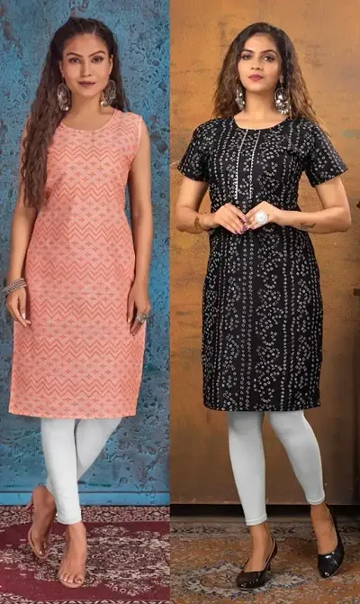 Stylish Cotton Blend Printed Straight Kurtis - Pack Of 2