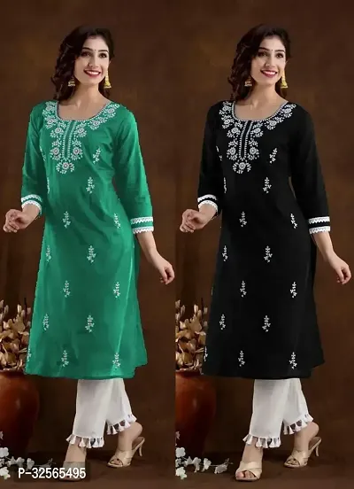 Stylish Multicoloured Cotton Blend Embroidered Kurta For Women Pack Of 2