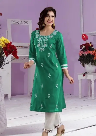 Stylish Cotton Blend Embroidered Straight Kurtis Bottom Set