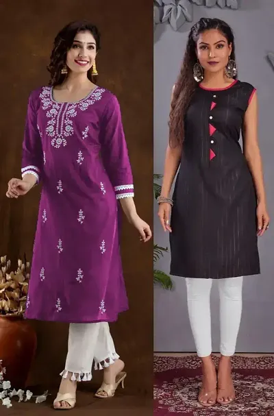 Stylish Cotton Blend Straight Embroidered Kurtis - Pack Of 2