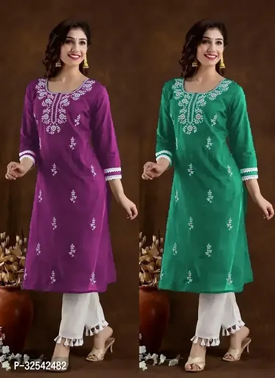 Elegant Cotton Blend Embroidered Kurta For Women- Pack Of 2-thumb0