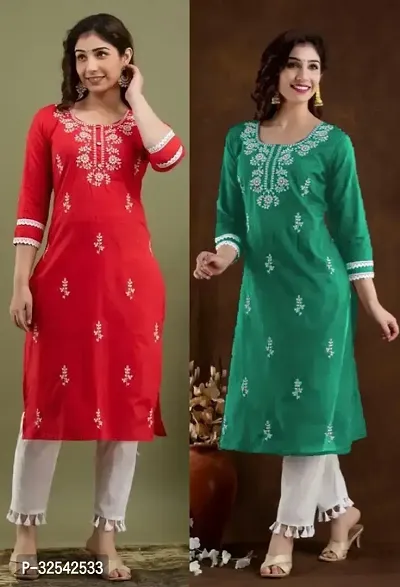 Elegant Cotton Blend Embroidered Kurta For Women- Pack Of 2-thumb0