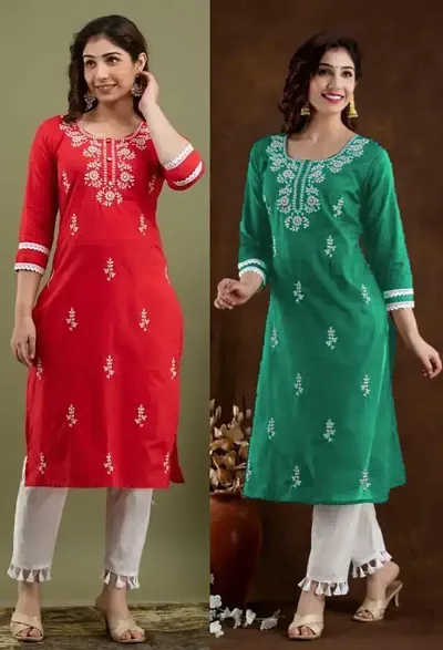 Stylish Cotton Blend Embroidered Straight Kurtis - Pack Of 2