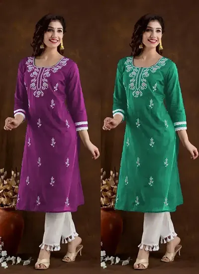 Stylish Cotton Blend Embroidered Straight Kurtis - Pack Of 2