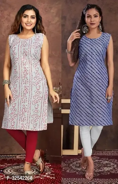 Elegant Cotton Blend Printed Kurta For Women- Pack Of 2-thumb0