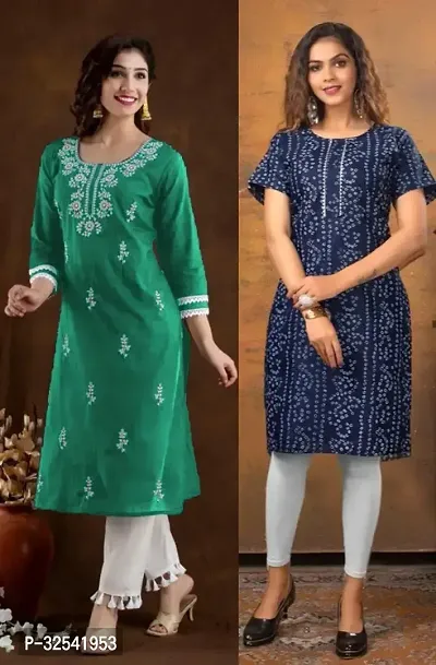 Elegant Cotton Blend Embroidered Kurta For Women- Pack Of 2-thumb0