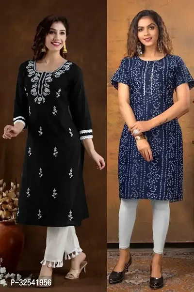 Elegant Cotton Blend Embroidered Kurta For Women- Pack Of 2-thumb0