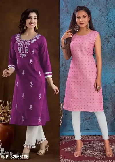 Stylish Multicoloured Cotton Blend Embroidered Kurta For Women Pack Of 2-thumb0