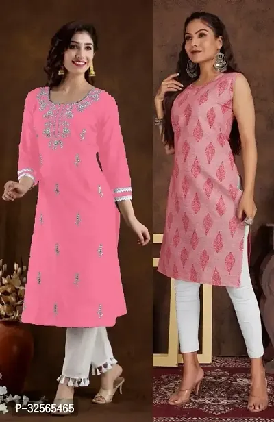 Stylish Multicoloured Cotton Blend Embroidered Kurta For Women Pack Of 2-thumb0