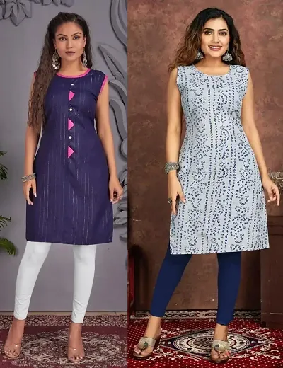 Stylish Cotton Blend Printed Straight Kurtis - Pack Of 2