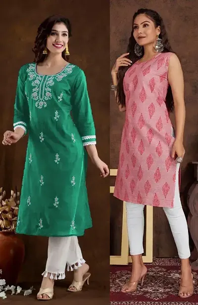 Stylish Cotton Blend Embroidered Straight Kurtis - Pack Of 2