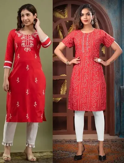 Stylish Cotton Blend Straight Embroidered Kurtis - Pack Of 2