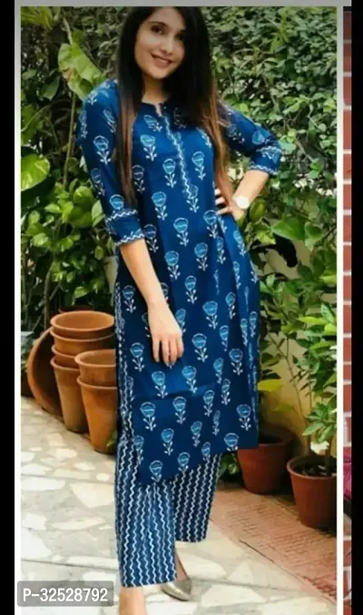 Stylish Blue Rayon Slub Kurta Bottom Set For Women-thumb0