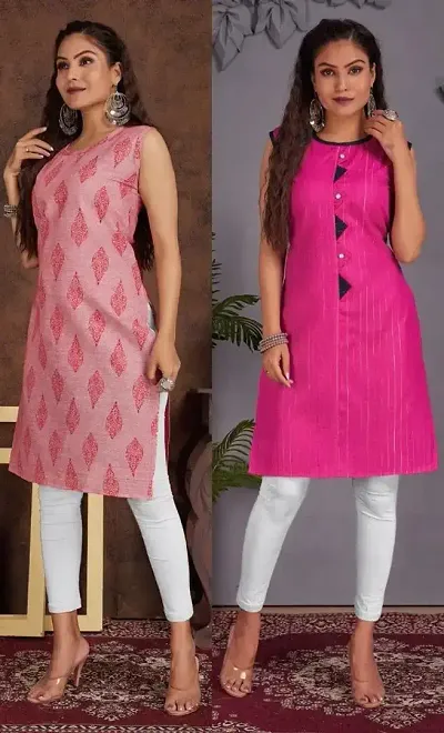 Stylish Cotton Blend Printed Straight Kurtis - Pack Of 2