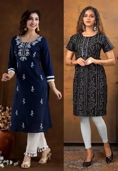 Stylish Cotton Blend Embroidered Straight Kurtis - Pack Of 2