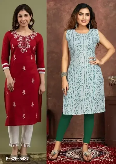 Stylish Multicoloured Cotton Blend Embroidered Kurta For Women Pack Of 2