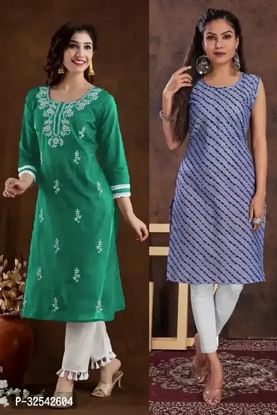 Elegant Cotton Blend Embroidered Kurta For Women- Pack Of 2-thumb0