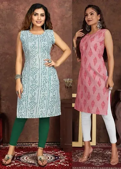 Stylish Cotton Blend Printed Straight Kurtis - Pack Of 2