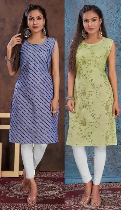 Stylish Cotton Blend Printed Straight Kurtis - Pack Of 2