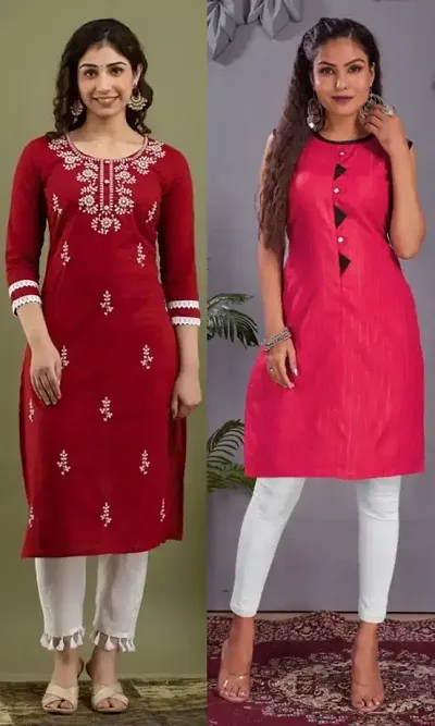 Stylish Cotton Blend Embroidered Straight Kurtis - Pack Of 2