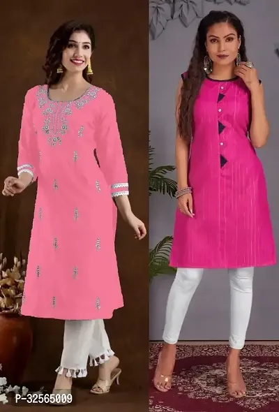 Stylish Multicoloured Cotton Blend Embroidered Kurta For Women Pack Of 2-thumb0