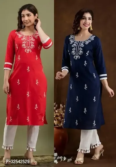 Elegant Cotton Blend Embroidered Kurta For Women- Pack Of 2-thumb0