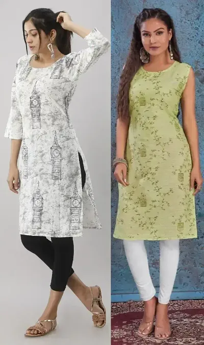 Stylish Cotton Blend Printed Straight Kurtis - Pack Of 2