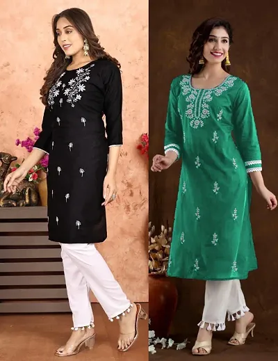 Stylish Cotton Blend Embroidered Straight Kurtis - Pack Of 2