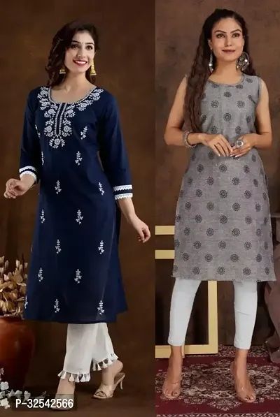 Elegant Cotton Blend Embroidered Kurta For Women- Pack Of 2-thumb0