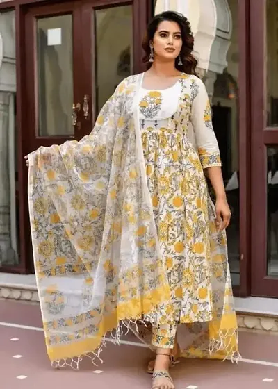 Stylish Rayon Printed Anarkali Kurtis Bottom and Dupatta Set