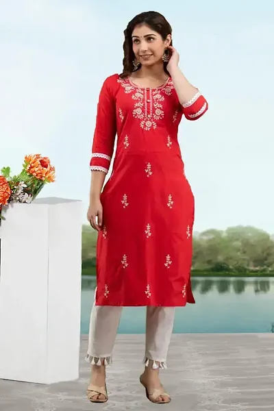 Stylish Cotton Blend Embroidered Straight Kurtis