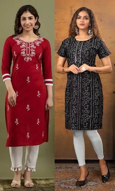 Stylish Cotton Blend Straight Embroidered Kurtis - Pack Of 2