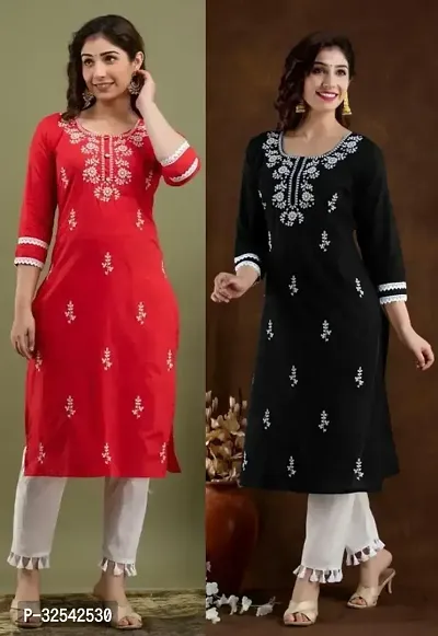 Elegant Cotton Blend Embroidered Kurta For Women- Pack Of 2-thumb0