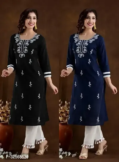 Stylish Multicoloured Cotton Blend Embroidered Kurta For Women Pack Of 2-thumb0