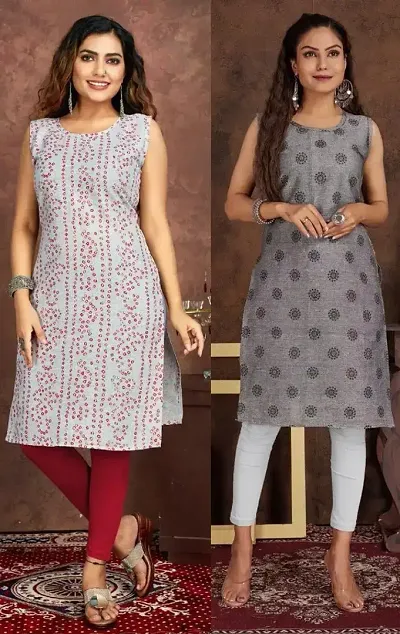 Stylish Cotton Blend Printed Straight Kurtis - Pack Of 2