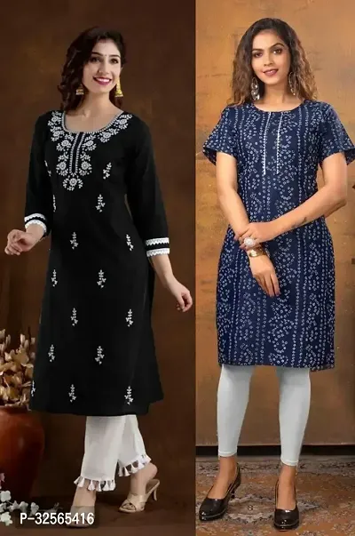 Stylish Multicoloured Cotton Blend Embroidered Kurta For Women Pack Of 2