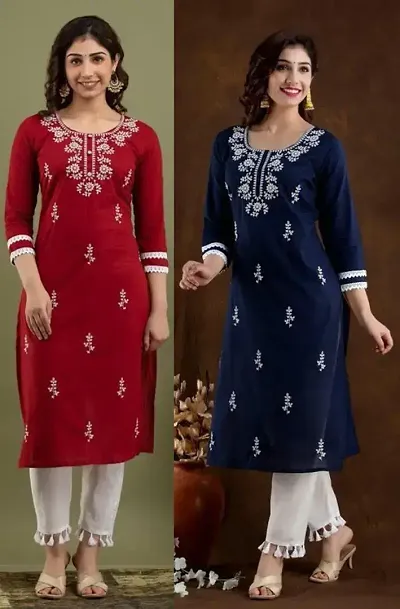 Stylish Cotton Blend Printed A-Line Kurtis - Pack Of 2