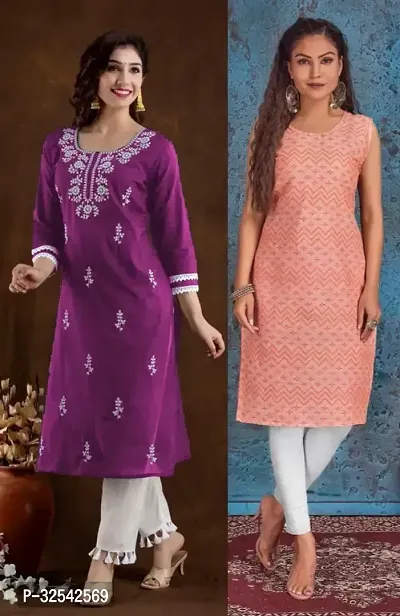 Elegant Cotton Blend Embroidered Kurta For Women- Pack Of 2