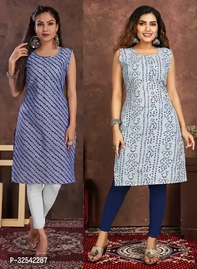 Elegant Cotton Blend Printed Kurta For Women- Pack Of 2-thumb0