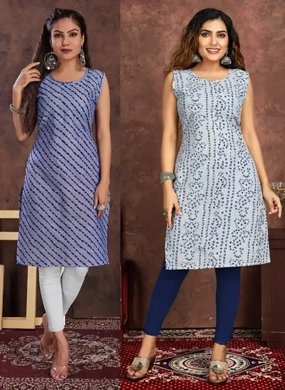 Stylish Cotton Blend Printed Straight Kurtis - Pack Of 2