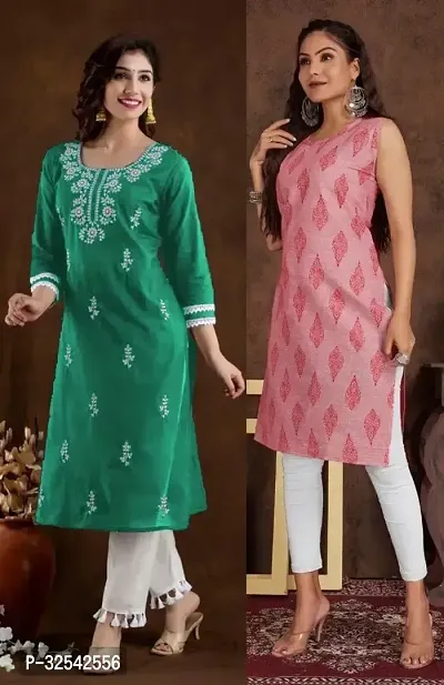 Elegant Cotton Blend Embroidered Kurta For Women- Pack Of 2-thumb0